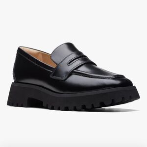 New! NEW Clarks Splend Edge Black Leather Chunky Penny Loafers Preppy Size 9